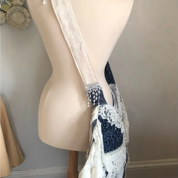 Bohemian Blue Animal Print Cross body Bag w/white lace,ribbon & blue aventurine
